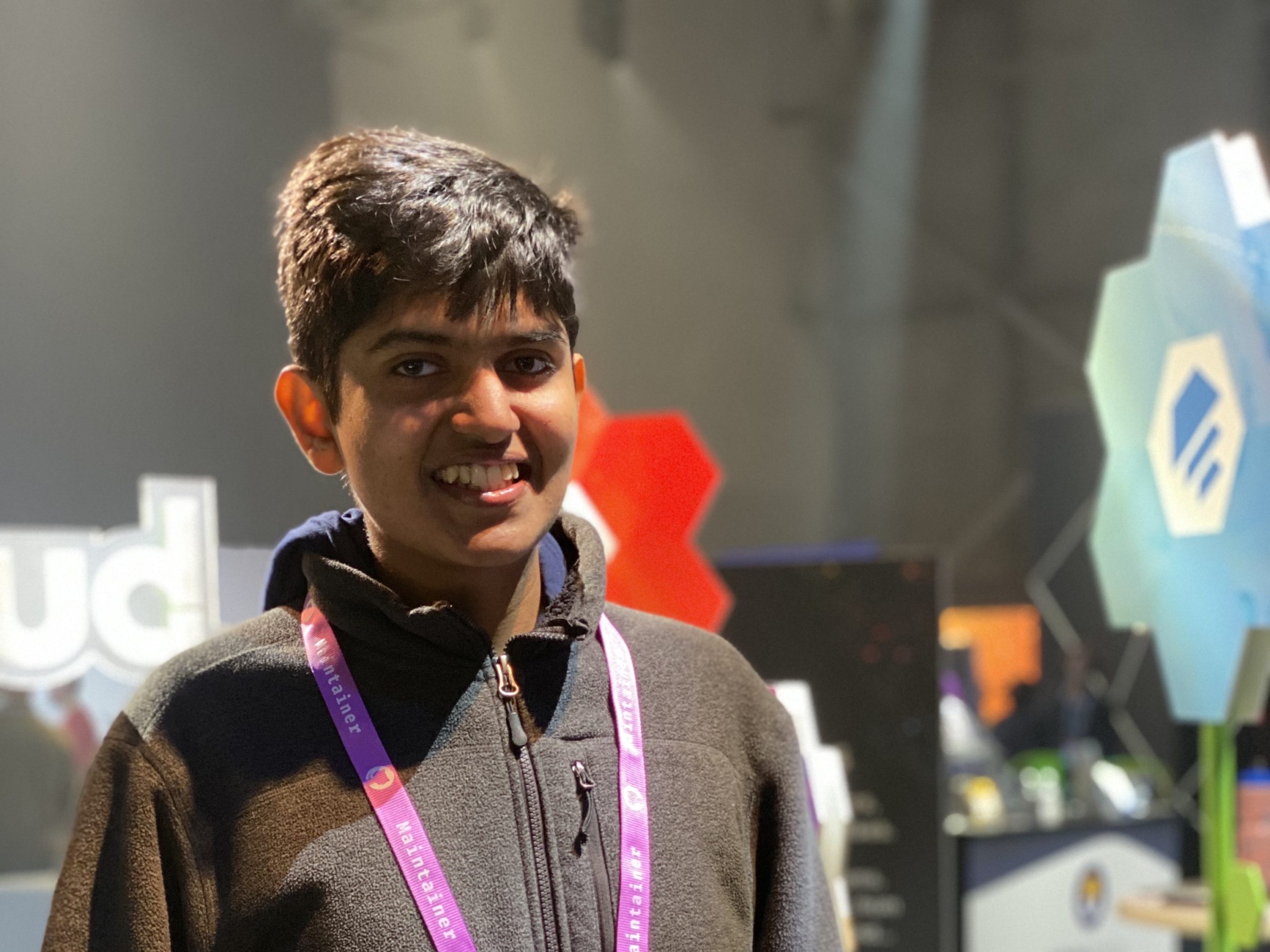 Vardhan Agrawal at the GitHub Universe 2019 conference after being invited and recognized for an all-expenses paid trip